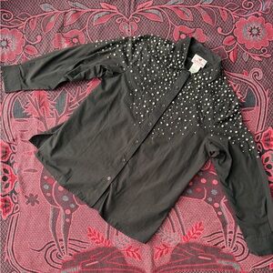 Quacker Factory Black Button-Up Shirt with Pearl Studs